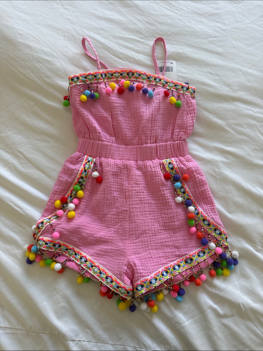 NEW With Tags: Lola + The Boys Pink Pom-Pom Trim Cotton Romper